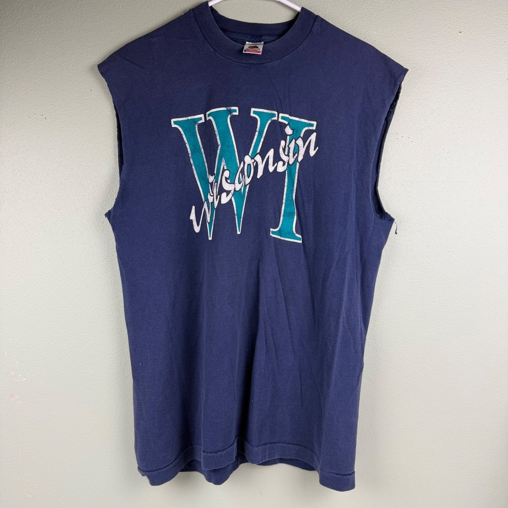 Vtg Fruit of the Loom Wisconsin T-Shirt Navy Blue Cutoff LG Single Stitch